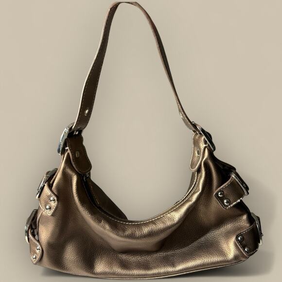 Vtg Bronze Mini Bag Purse Y2K 2000s Buckle Detail Shoulder Strap Metallic Hobo - Picture 2 of 5